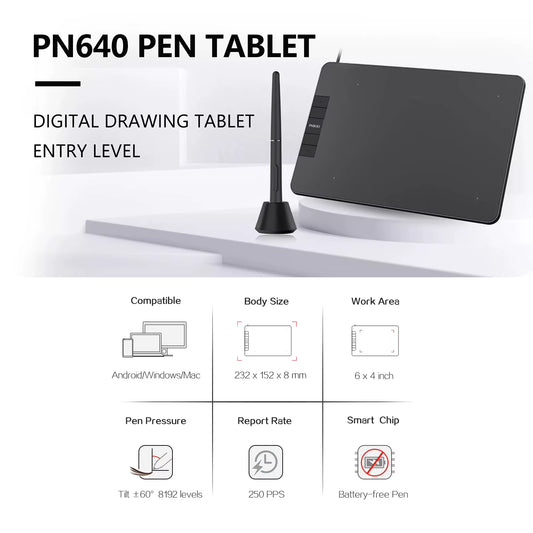 PNBOO PN640 Graphics Drawing Tablet 6 X 4 Inch Active Area 8192 Levels Pressure Tilt Function Art Animation Drawing Board